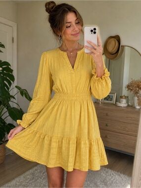 Yellow Boho Mini Dress Puff Sleeve Cottagecore Babydoll Size L